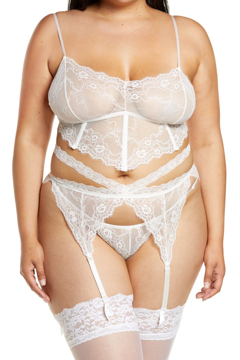 Lace Bra, Garter Belt & G-String Thong Set, Main, color, WHITE