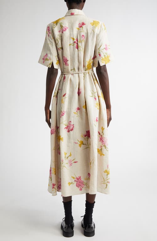 Shop Erdem Floral Print Belted Linen Shirtdress In Dancing Carnation Multi
