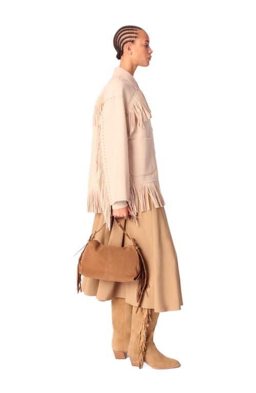 Maje Double-breasted Fringed Coat In Beige
