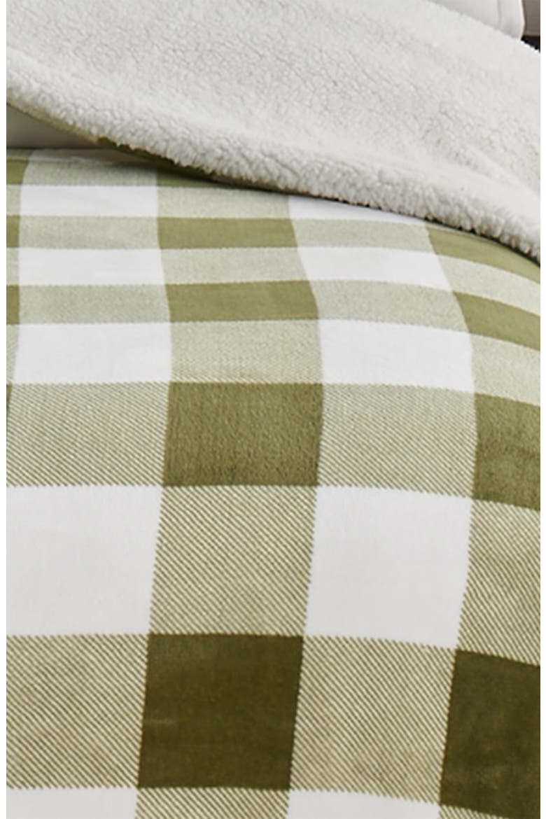 Reversible Faux Shearling Blanket, Alternate, color, OLIVE GREEN BUFFALO CHECKS