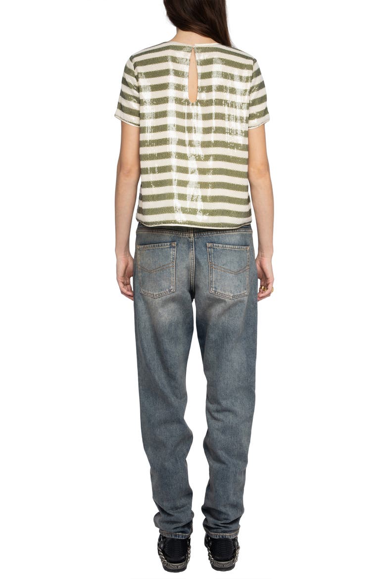 Tchao Sequin Stripe Top, Alternate, color, MOSS