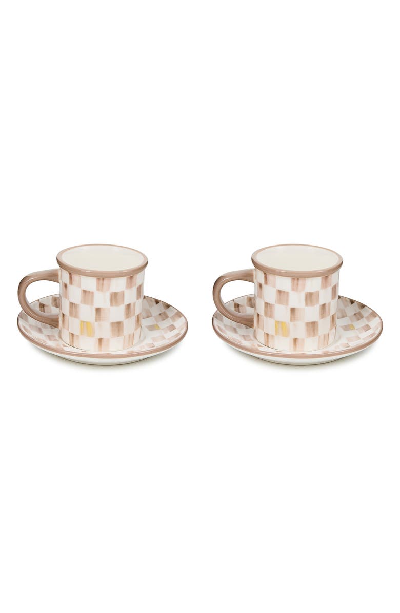MACKENZIE CHILDS Mocha Check Set of 2 Espresso Cups & Saucers, Main, color, Mocha