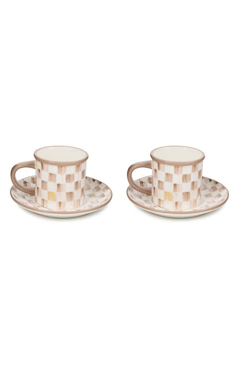 Mocha Check Set of 2 Espresso Cups & Saucers