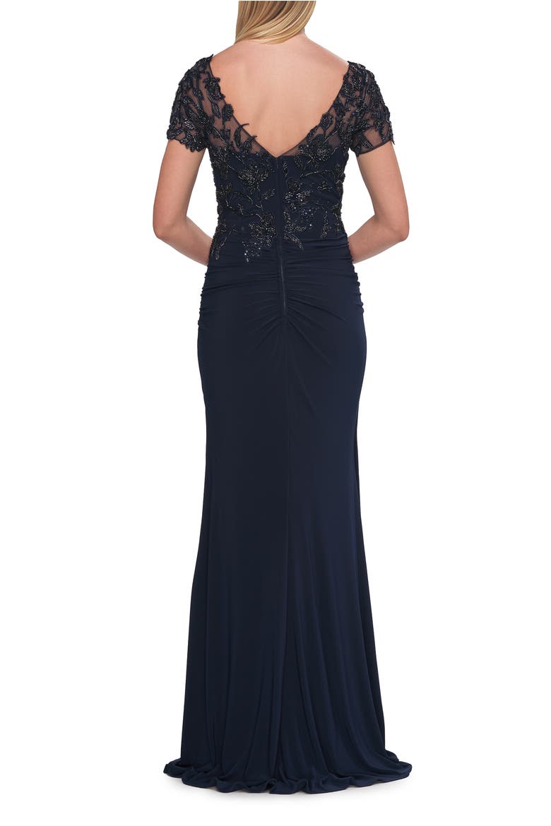 Beaded Lace Illusion Bodice Evening Gown, Alternate, color, Navy