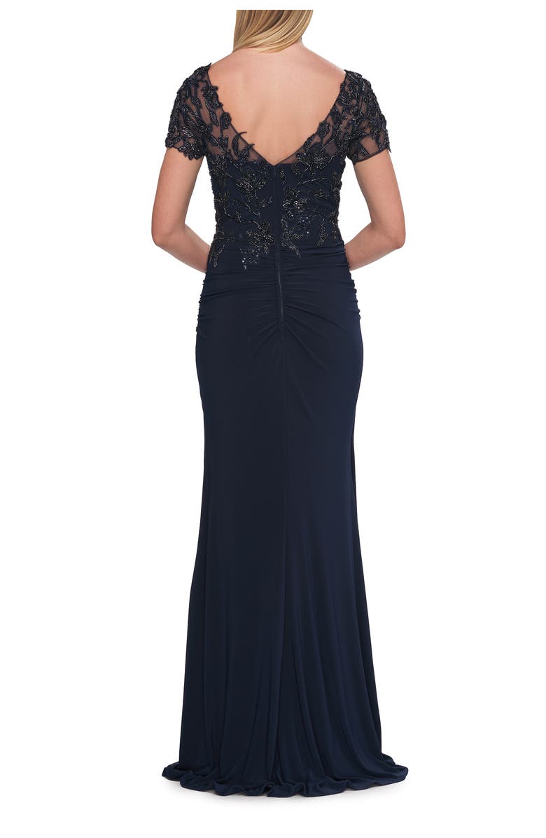 La Femme Beaded Lace Illusion Bodice Evening Gown, Alternate, color, Navy
