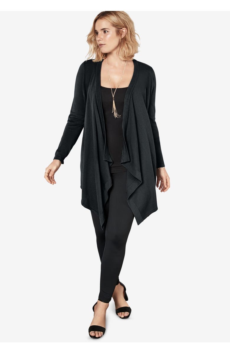 Roaman's Plus Size Lightweight Handkerchief Hem Cardigan Sweater, Alternate, color, Black