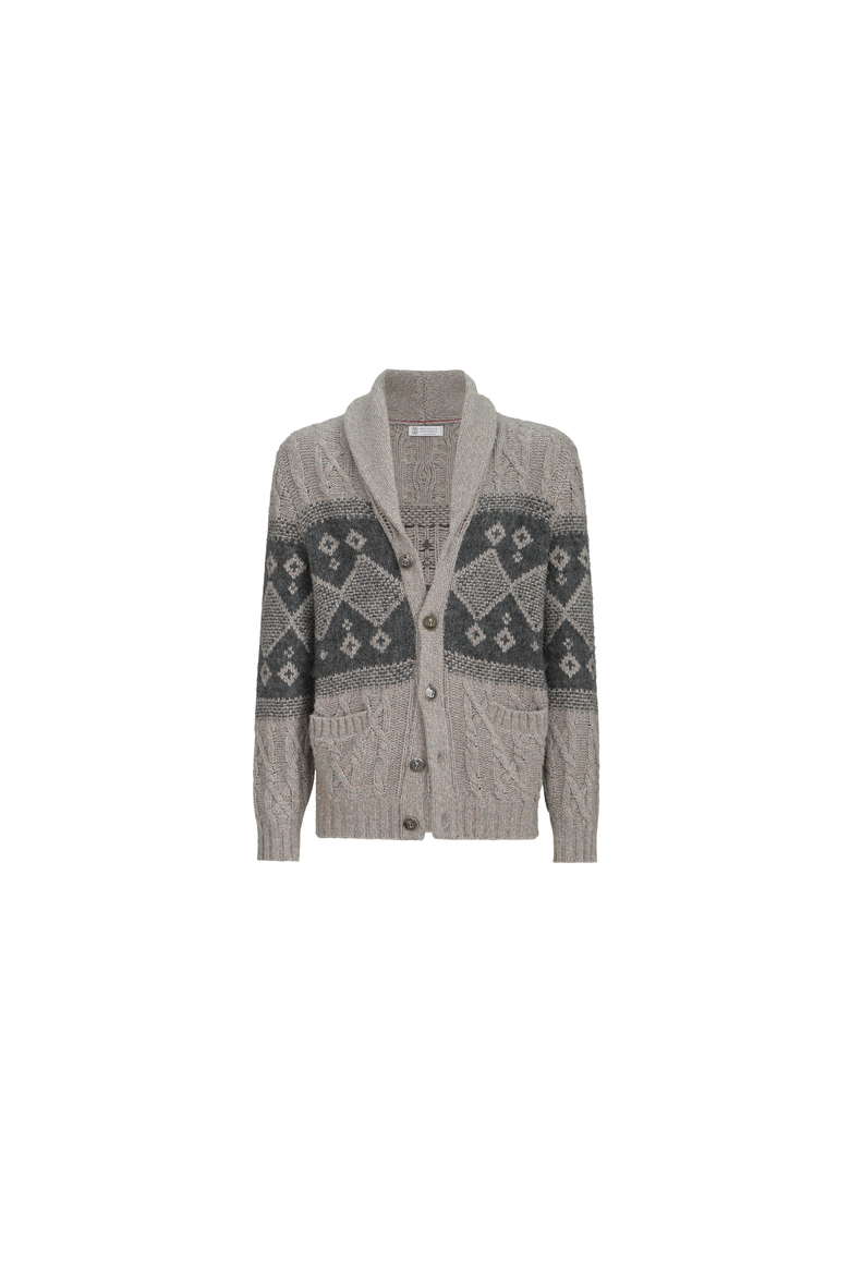 Virgin wool, silk and cashmere chiné cable knit cardigan with intarsia, Alternate, color, Grey