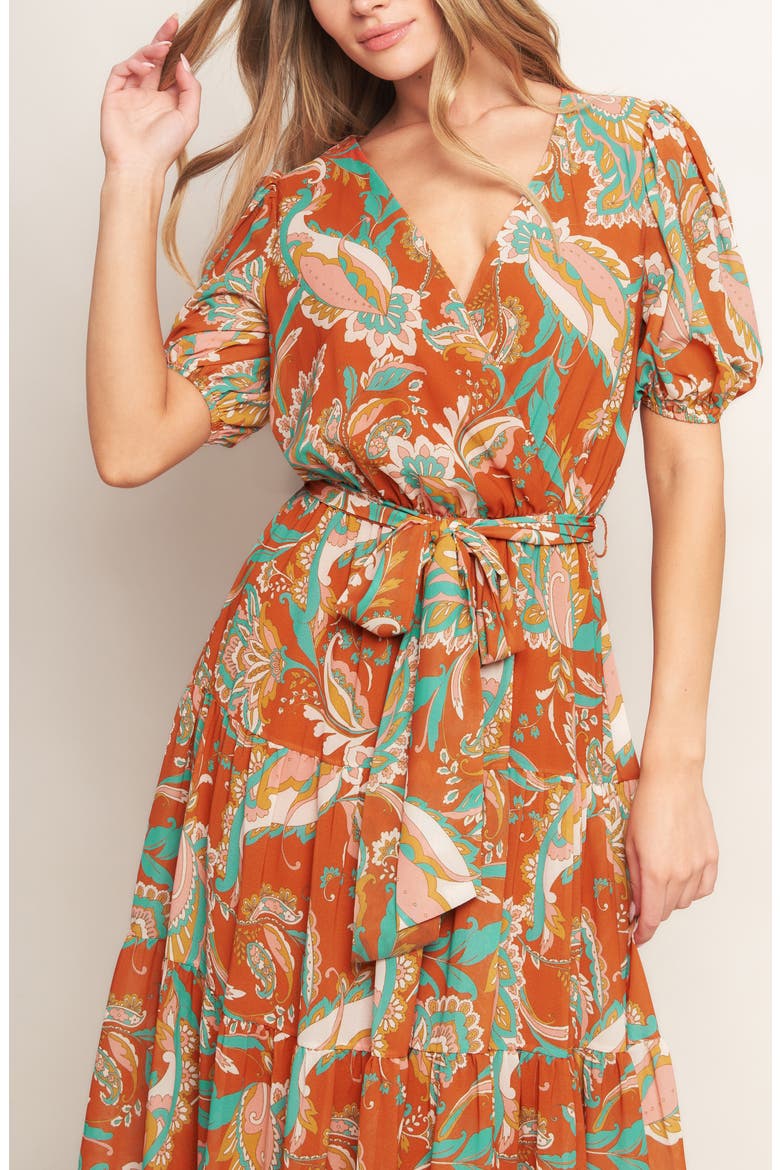 Print Tiered Midi Dress, Alternate, color, RUST