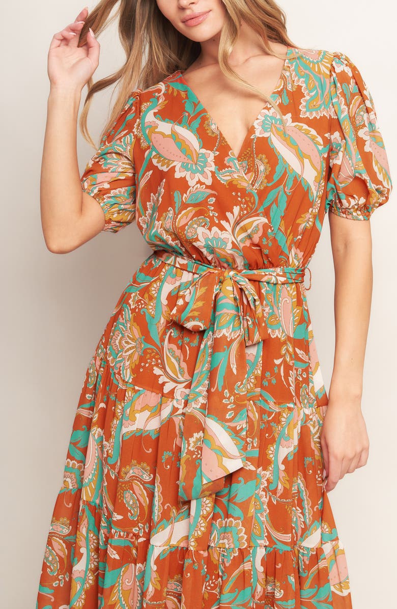 FLYING TOMATO Print Tiered Midi Dress, Alternate, color, Rust