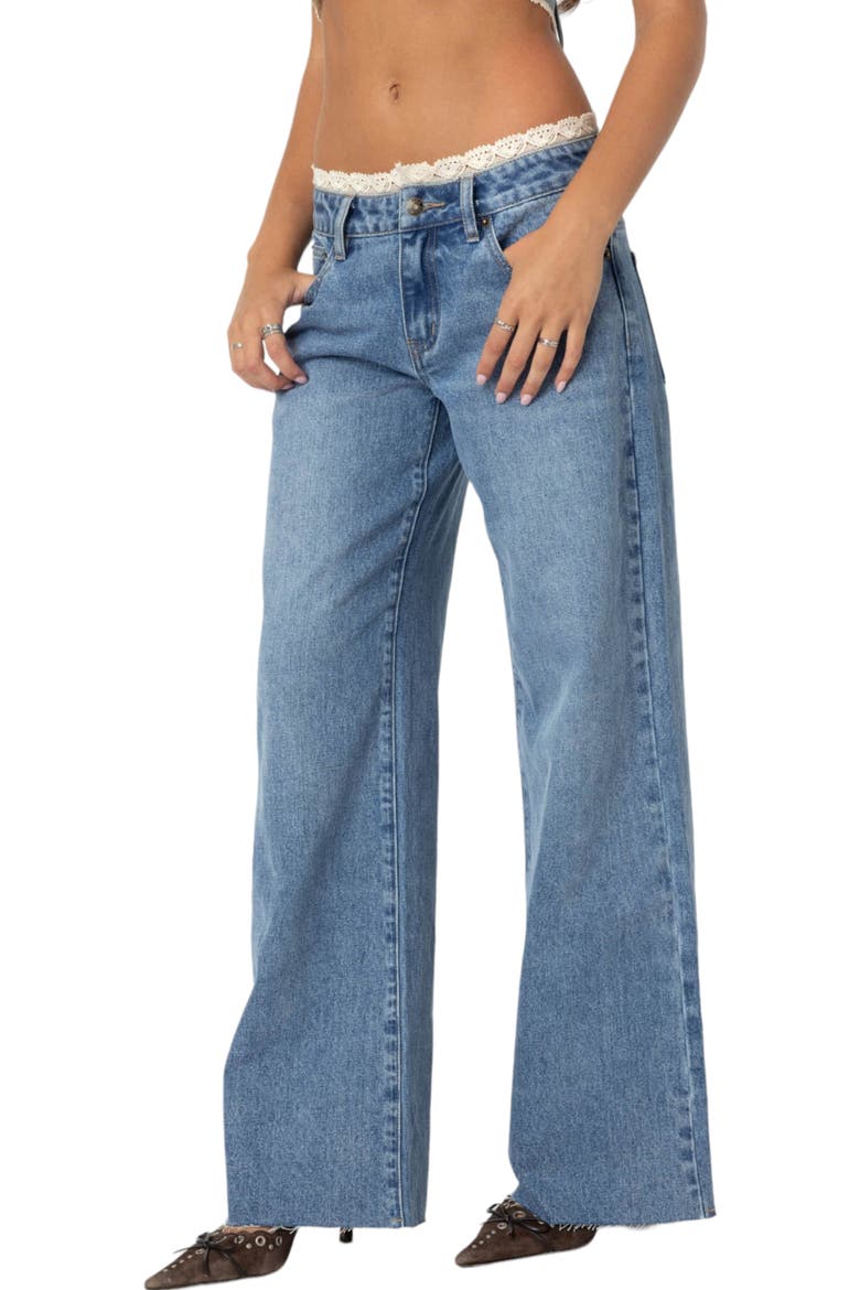 Karlie Lace Trim Low Rise Wide Leg Jeans, Alternate, color, BLUE