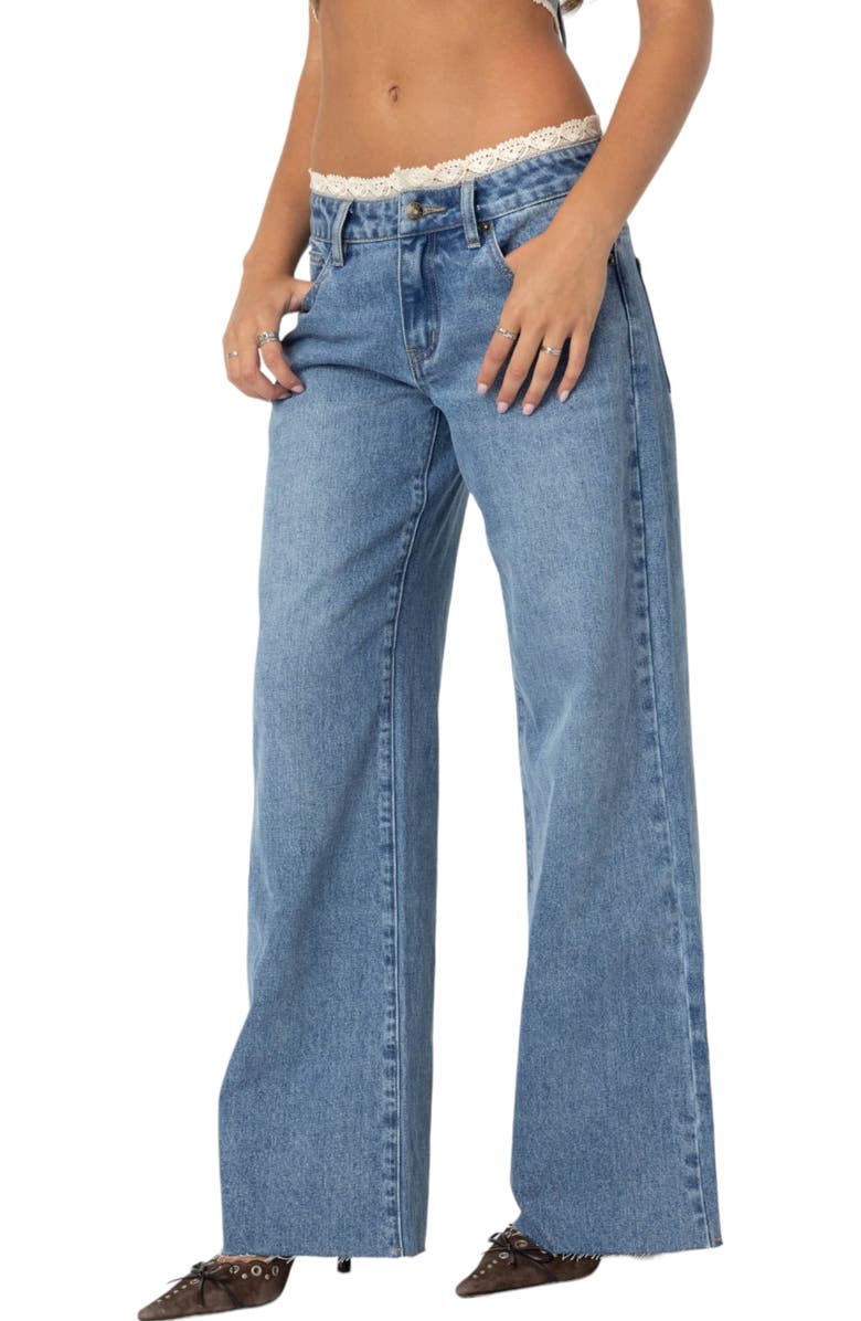 EDIKTED Karlie Lace Trim Low Rise Wide Leg Jeans, Alternate, color, Blue