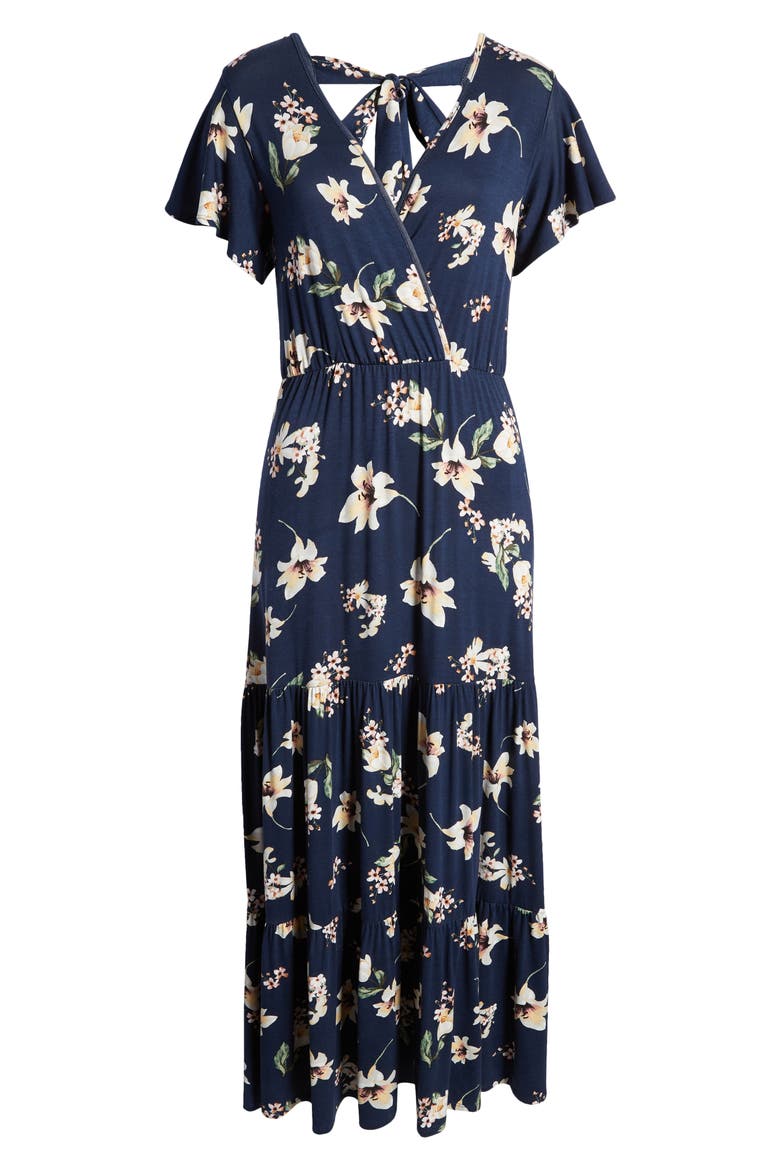 Floral Tiered Faux Wrap Knit Maxi Dress, Alternate, color, NAVY