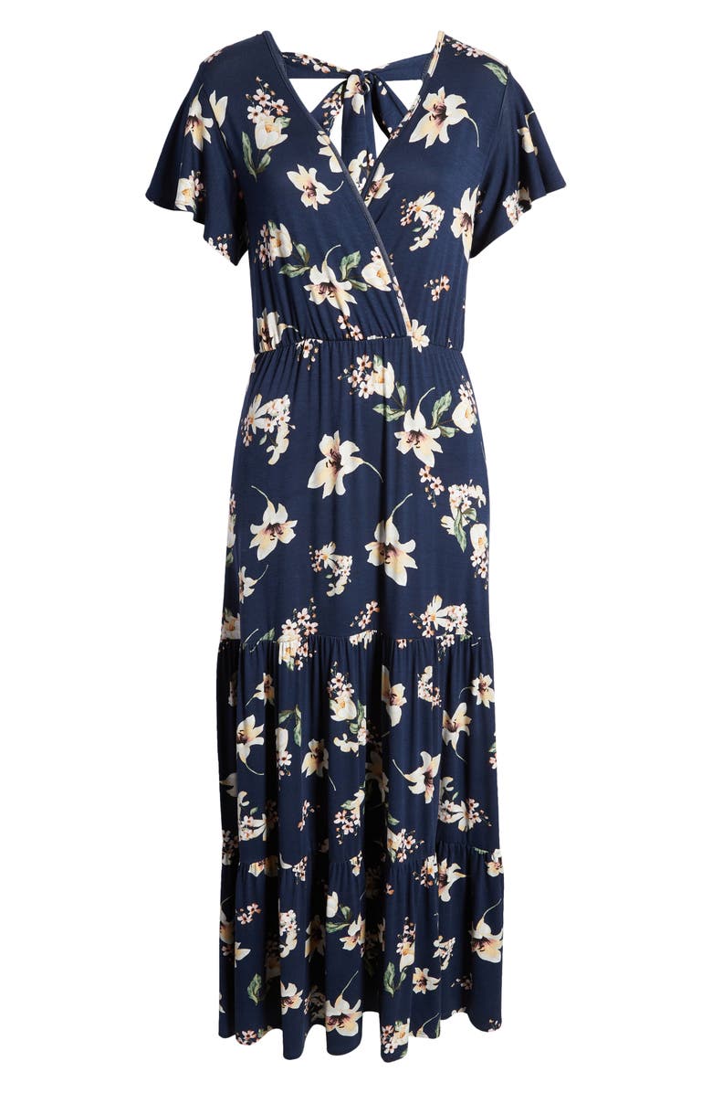 Loveappella Floral Tiered Faux Wrap Knit Maxi Dress, Alternate, color, Navy