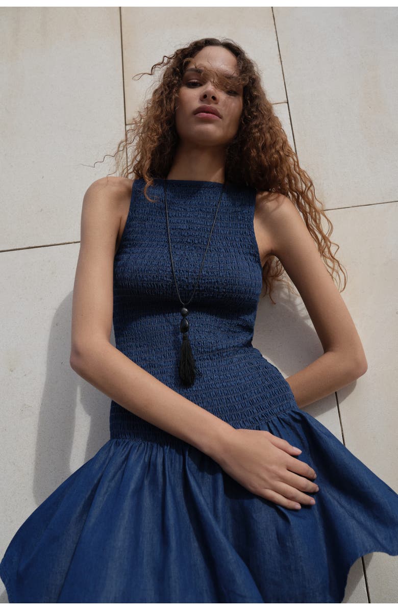 H&M Smocked Denim Dress, Alternate, color, Dark Denim Blue