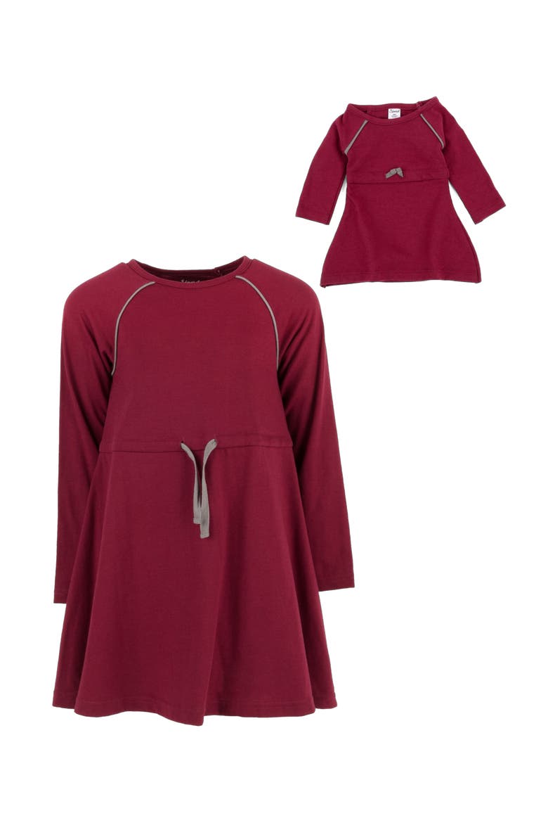 Girls Bow Tie Dress with Matching Doll Dress, Alternate, color, MAROON