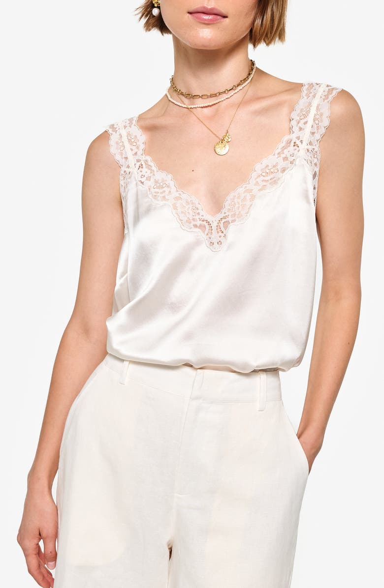 CAMI NYC Fernanda Lace Trim Silk Charmeuse Tank, Main, color, Macadamia