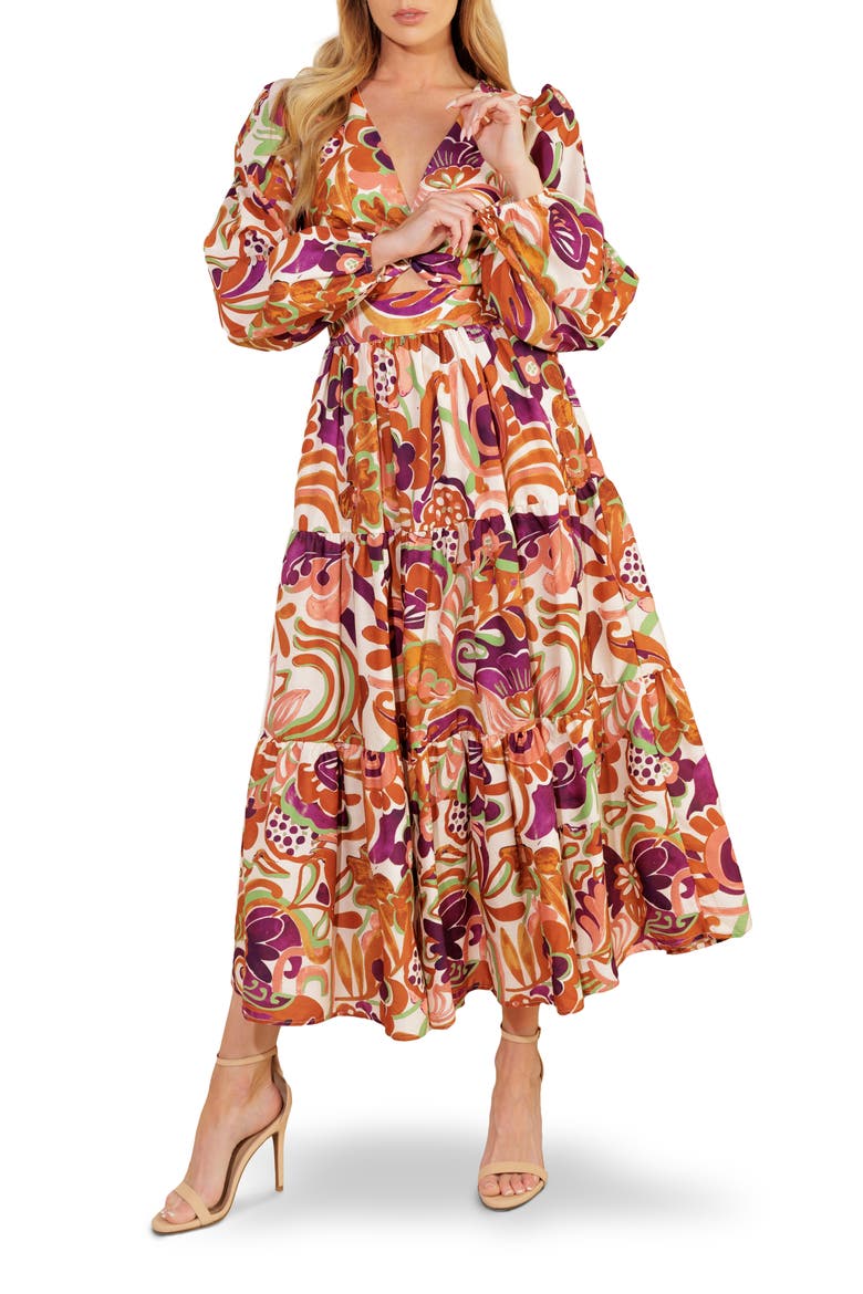Long Sleeve Tiered Midi Dress, Main, color, IVORY RUST