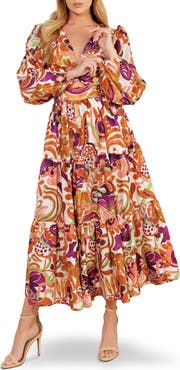 FLYING TOMATO Long Sleeve Tiered Midi Dress