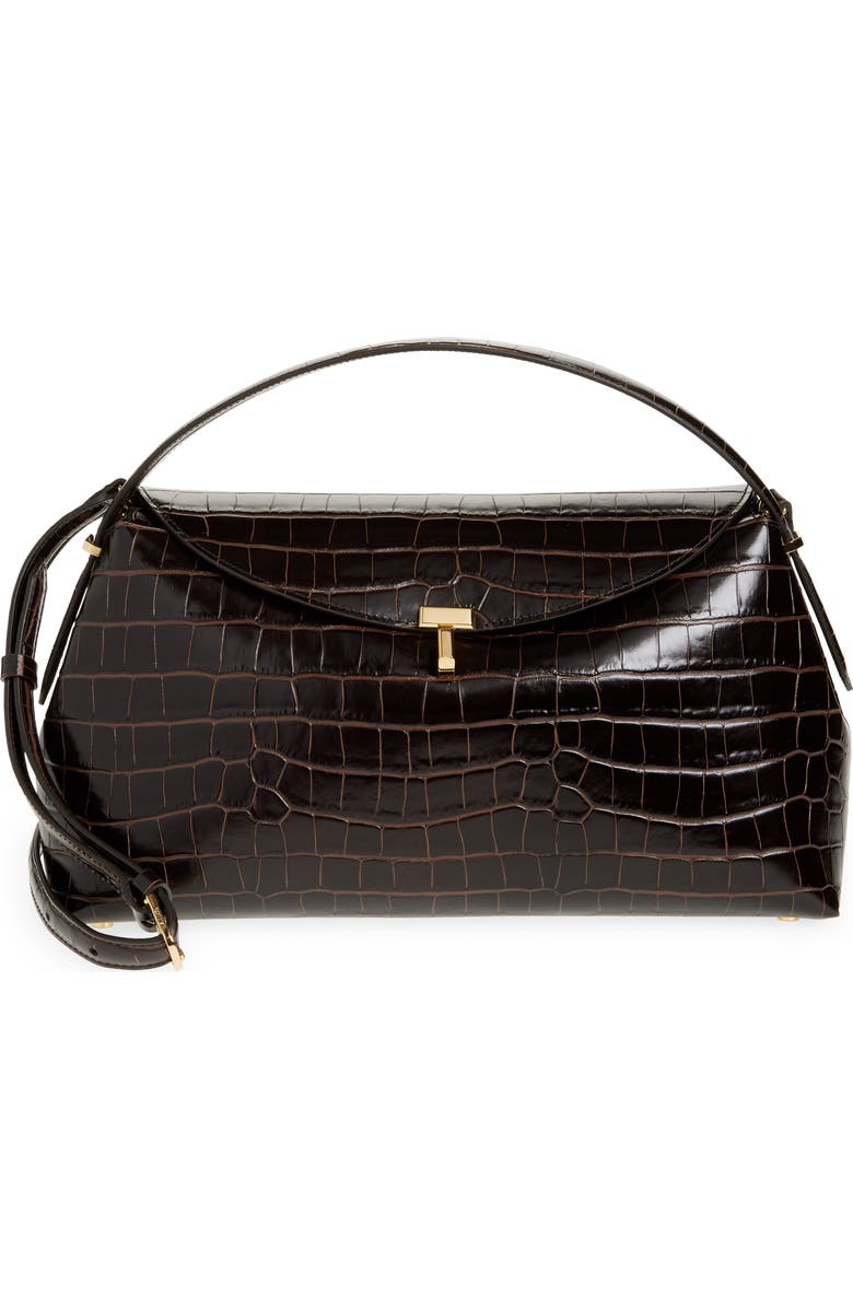 TOTEME T-Lock Croc Embossed Leather Top Handle Bag, Main, color, Dark Brown