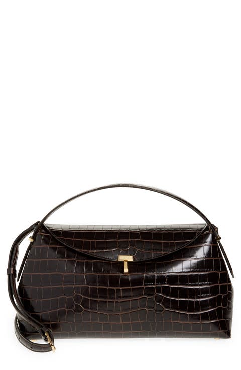 T-Lock Croc Embossed Leather Top Handle Bag