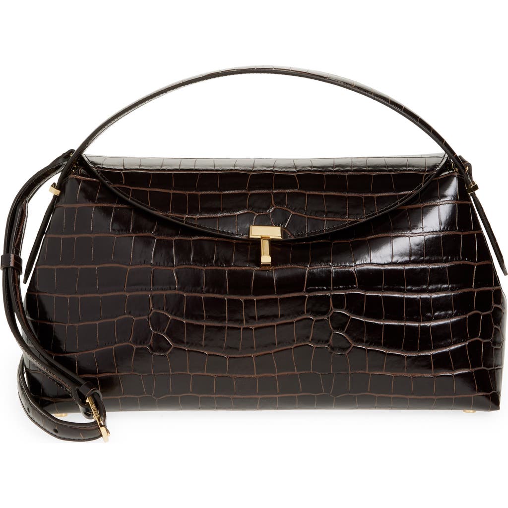 Totême Toteme T-lock Croc Embossed Leather Top Handle Bag In Brown