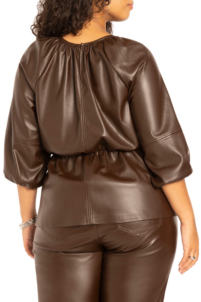 Faux Leather Peplum Top, Alternate, color, HOT FUDGE