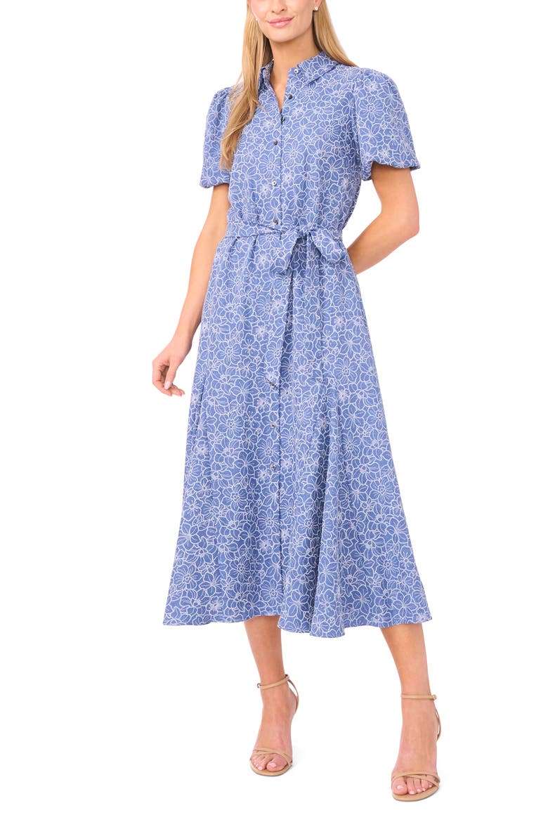 Embroidered Floral Chambray Midi Shirtdress, Main, color, CLASSIC NAVY