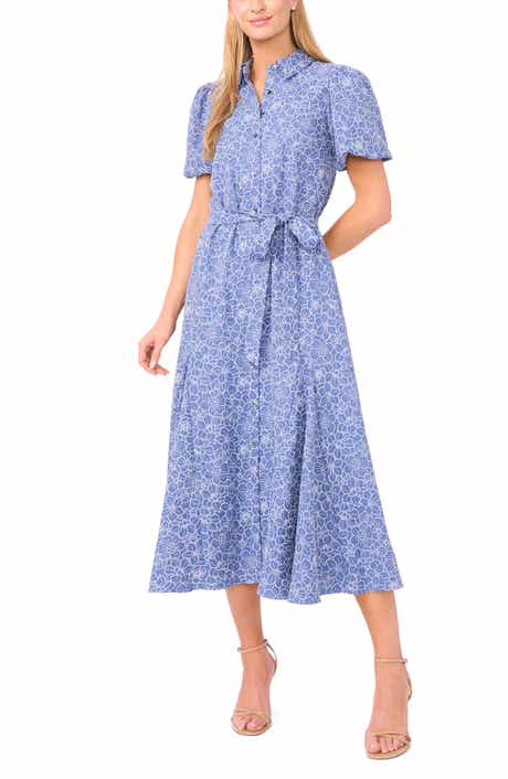 CeCe Embroidered Floral Chambray Midi Shirtdress