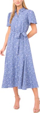 CeCe Embroidered Floral Chambray Midi Shirtdress