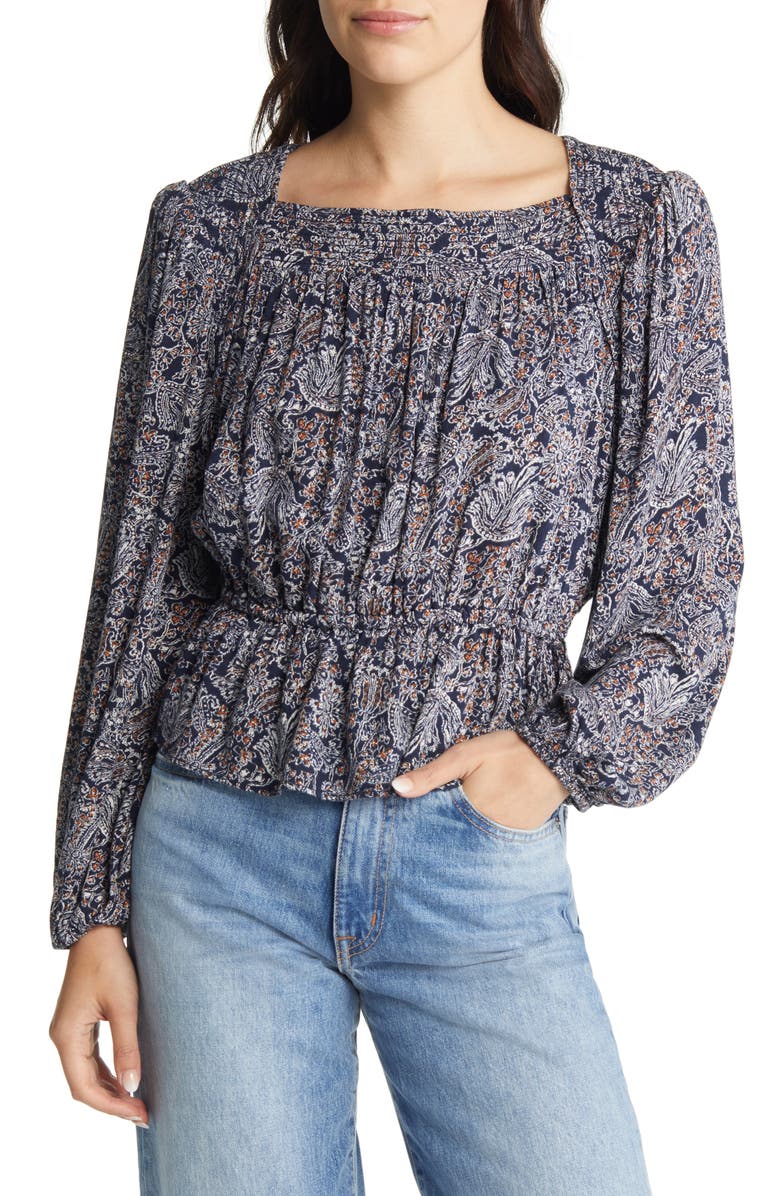 Treasure & Bond Long Sleeve Peplum Top, Main, color, Navy Antique Floral