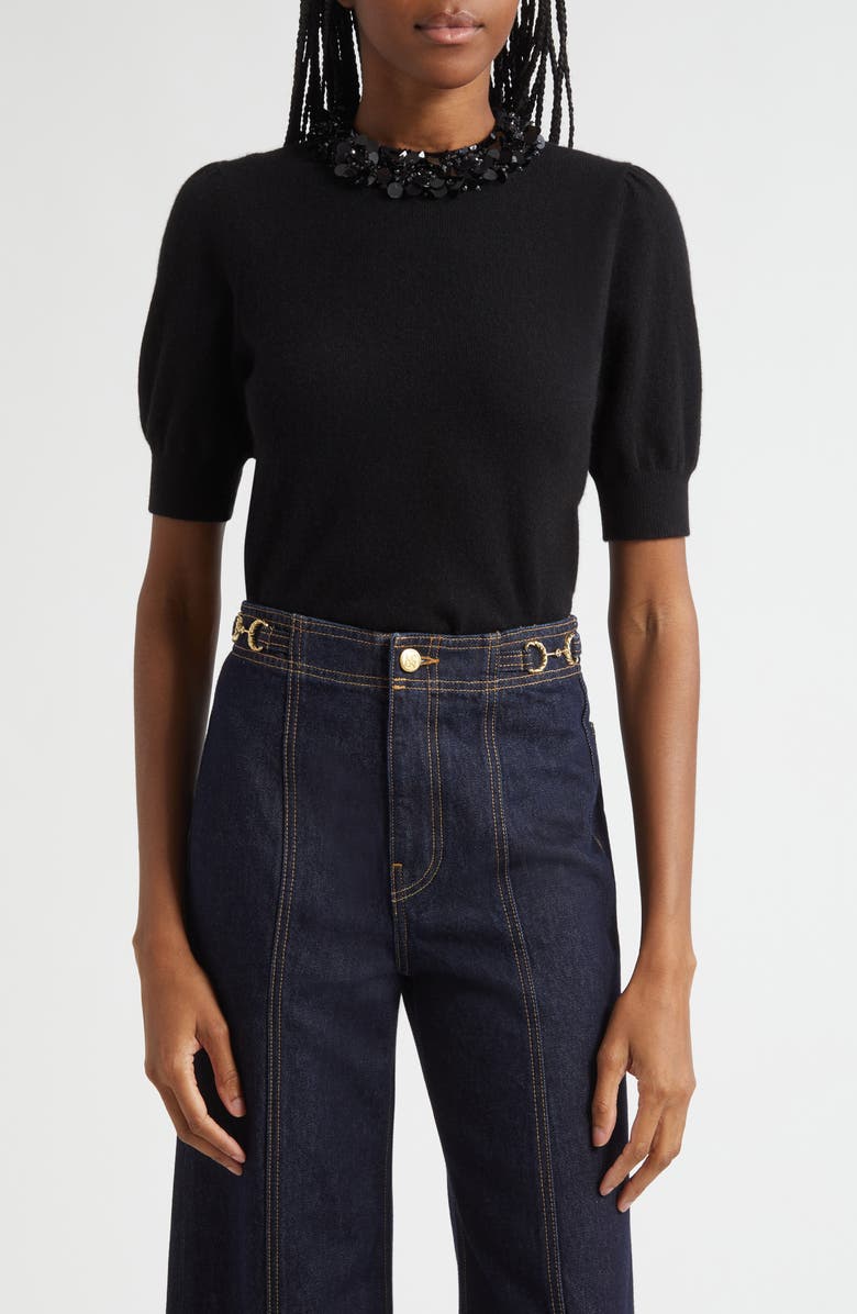 Ulla Johnson Crystal Collar Short Sleeve Cashmere Sweater, Main, color, Noir