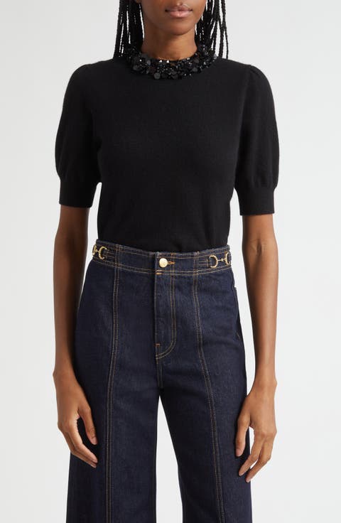Crystal Collar Short Sleeve Cashmere Sweater