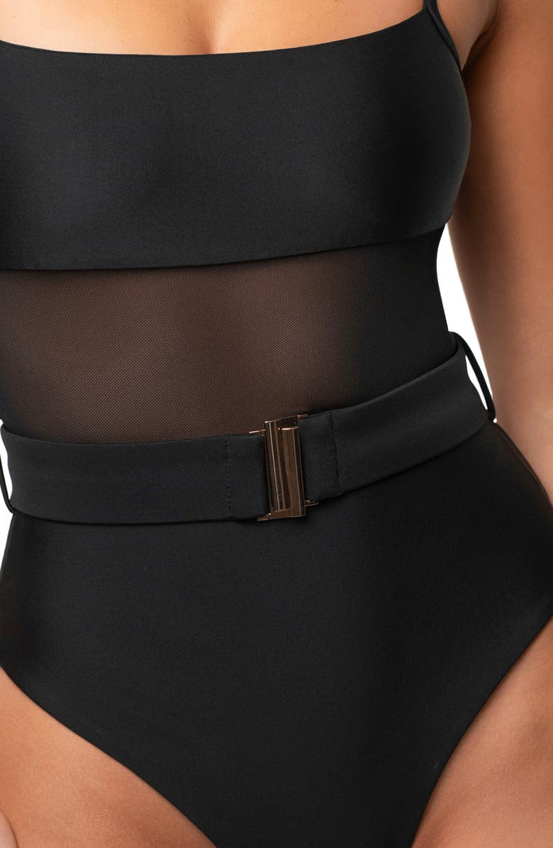 JLUXLABEL Solare Mesh Belted One-Piece Swimsuit, Alternate, color, Black