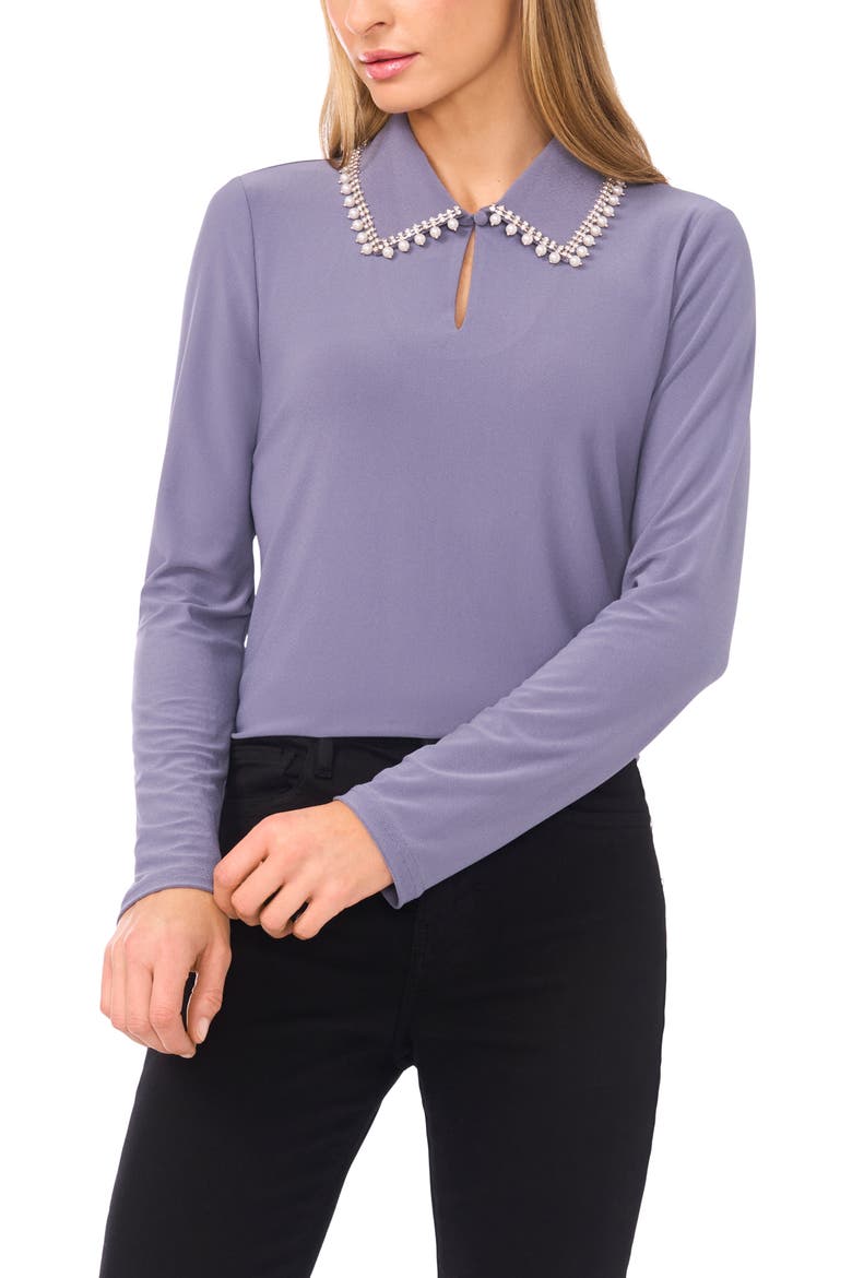 Faux Pearl & Rhinestone Detail Knit Top, Main, color, MOOD BLUE