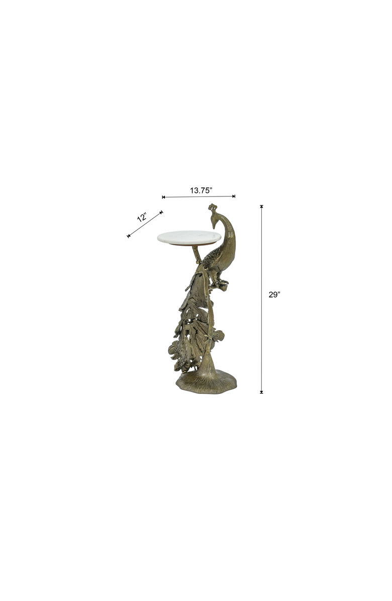 Expo Bazaar Brass Antique Side Table with Marble Top Peacock Sculpture Table, Alternate, color, Brass - 13X13.5x29.5"