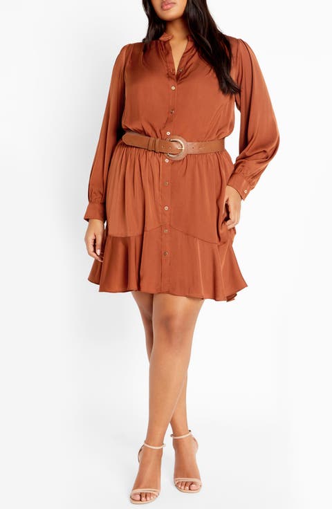 Oki Belted Long Sleeve Satin Shirtdress (Plus)