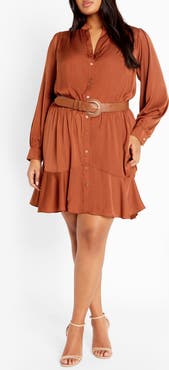 City Chic Oki Belted Long Sleeve Satin Shirtdress