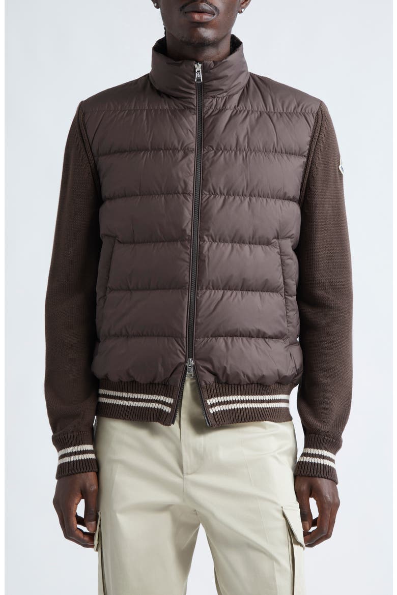 Quilted Down & Cotton Knit Cardigan, Main, color, BROWN