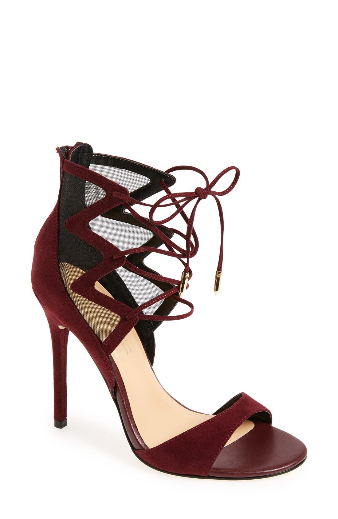by Zendaya 'Anderson' Ghillie Lace-Up Mesh Sandal, Main, color, WINE/ BLACK SUEDE