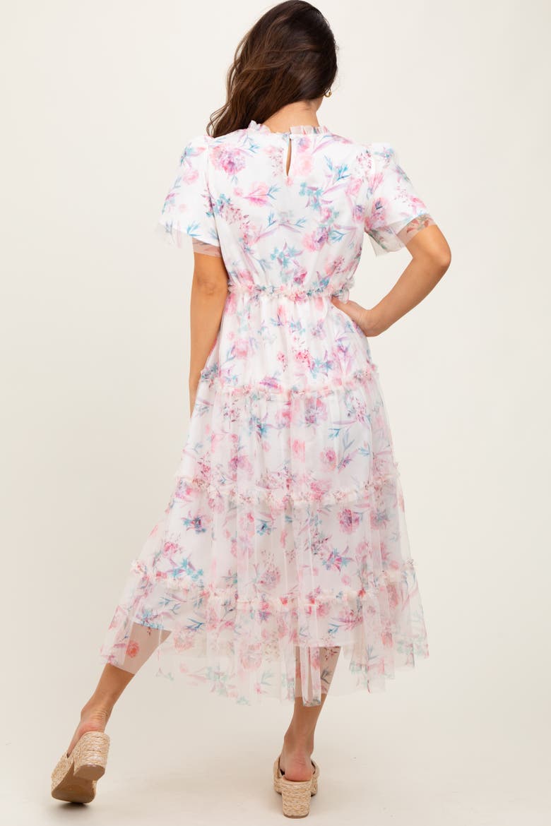 Floral Mesh Ruffle Tiered Midi Dress, Alternate, color, Ivory