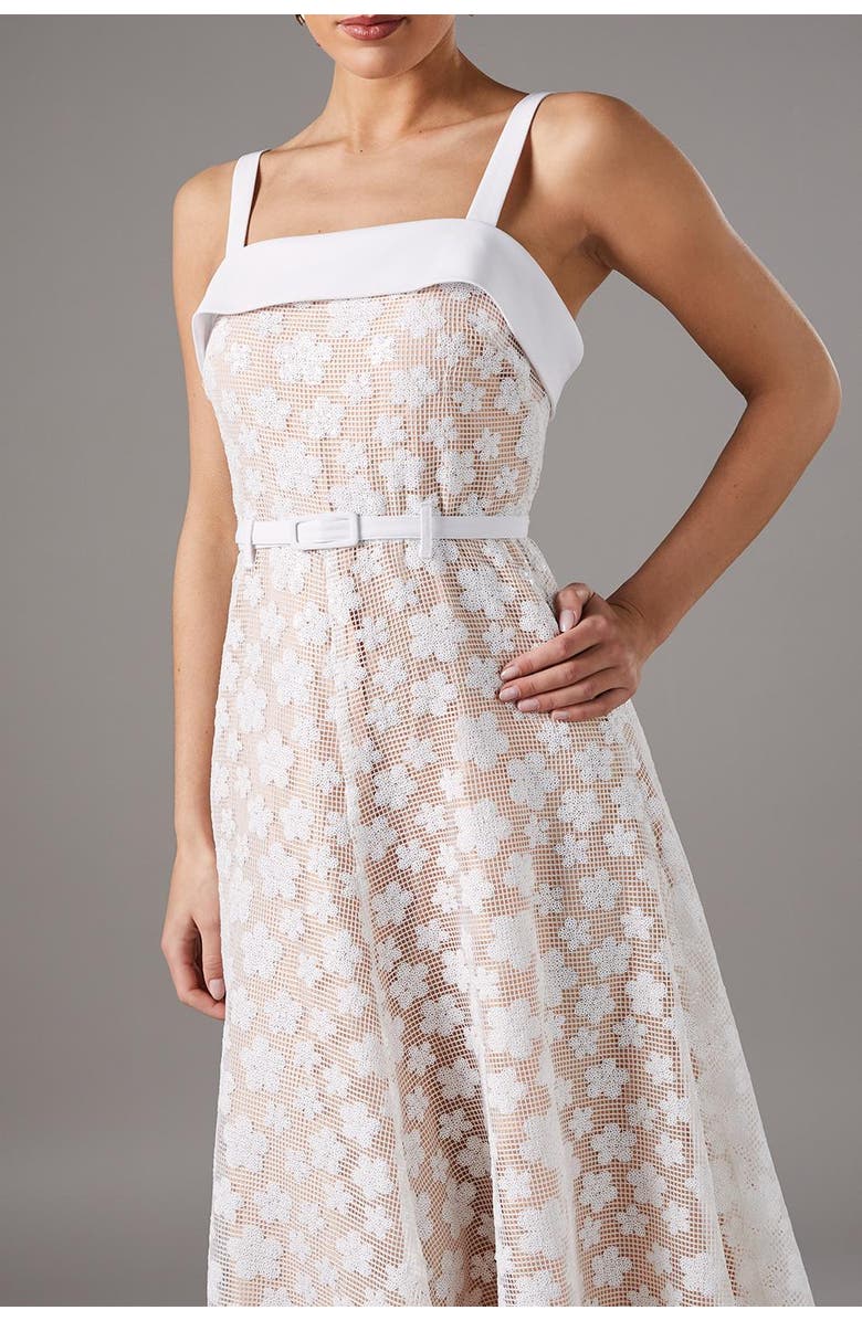 Coast Mesh Sequin Belted Midi Dress, Alternate, color, White