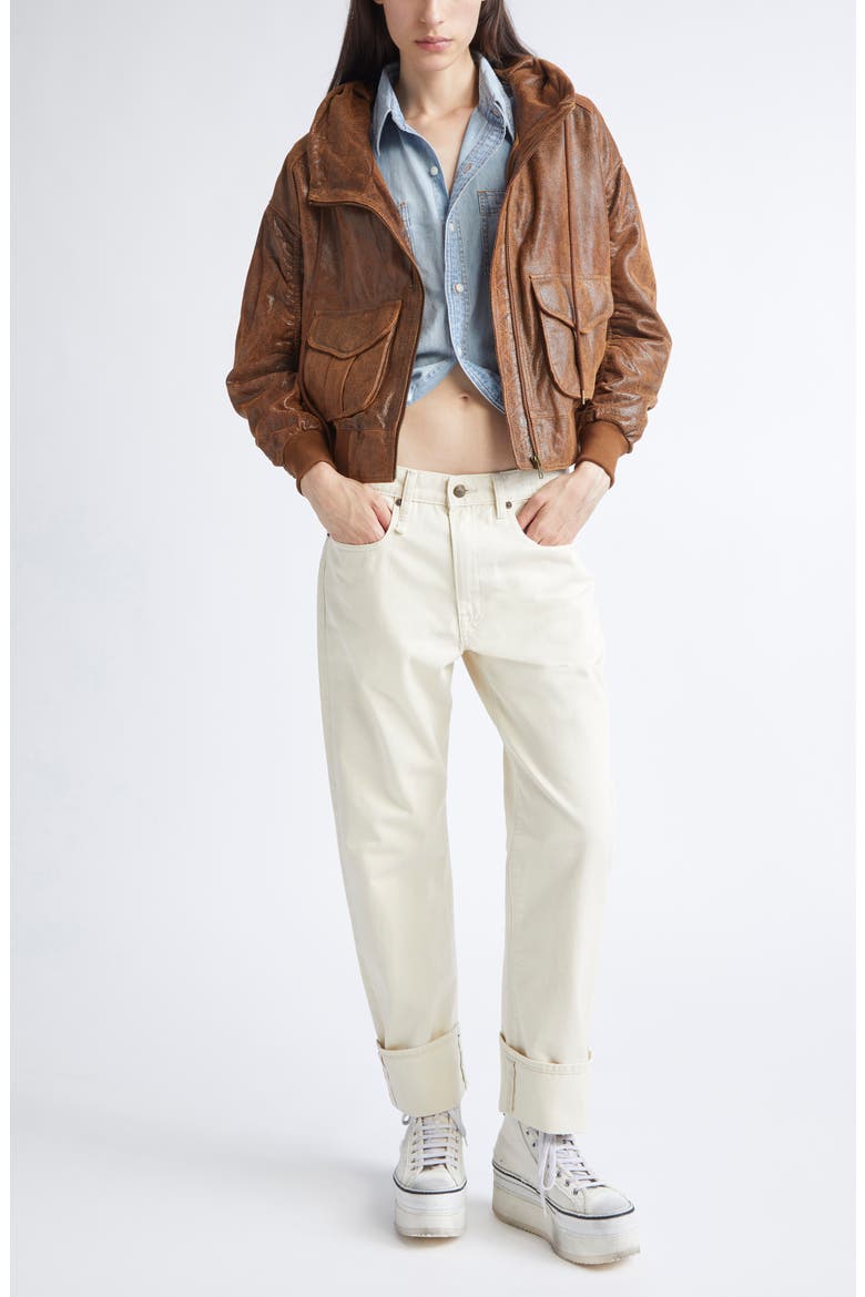 Oversize Leather Bomber Jacket, Alternate, color, BROWN