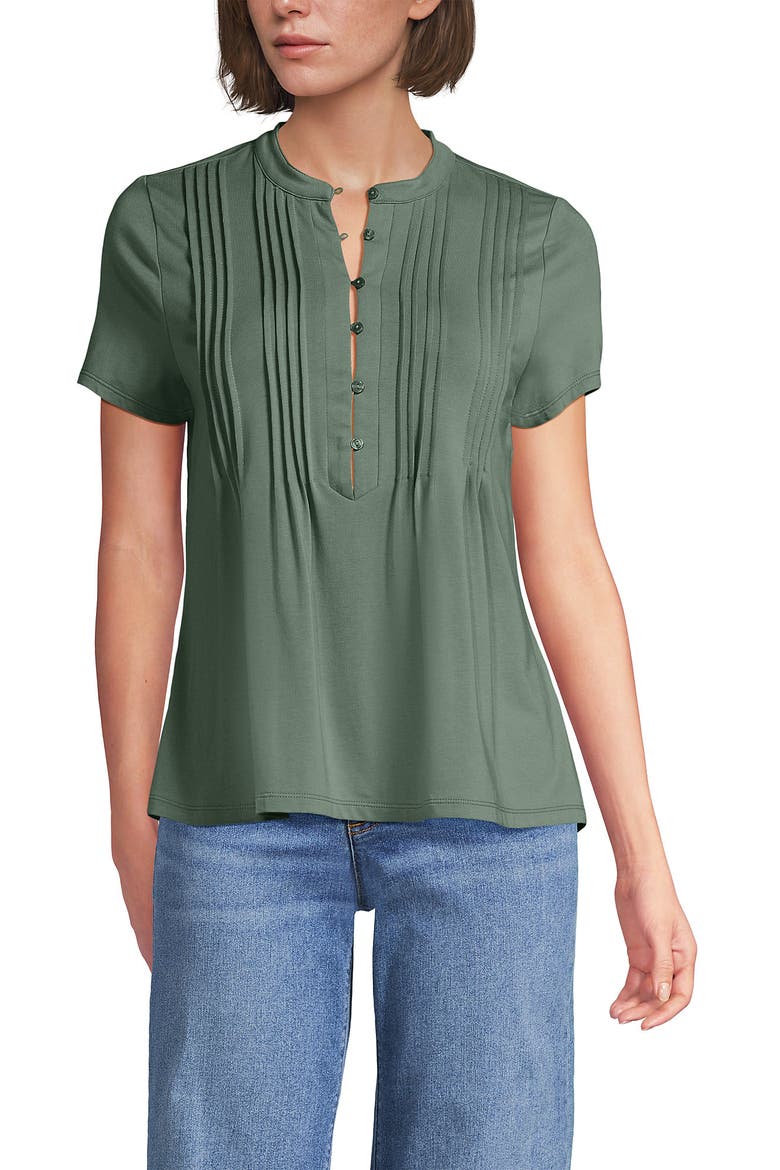 Short Sleeve Lightweight Jersey Button Pintuck Top, Main, color, Lily Pad Green