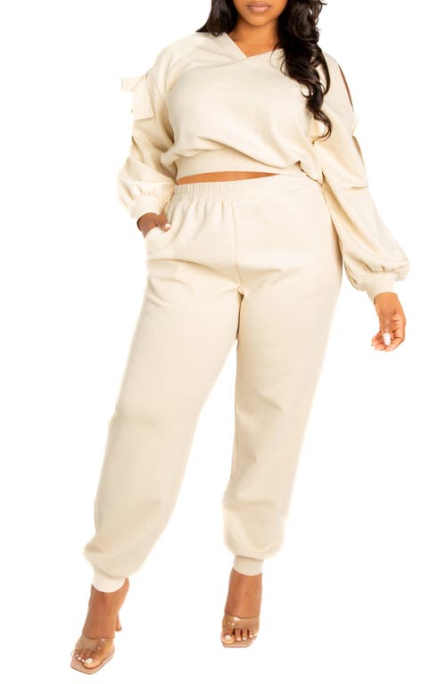 BUXOM COUTURE Scuba Cold Shoulder Sweatshirt & Jogger Set in Beige 