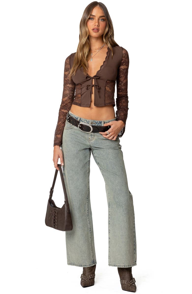 EDIKTED Stephi Lace Split Front Crop Top, Alternate, color, Brown