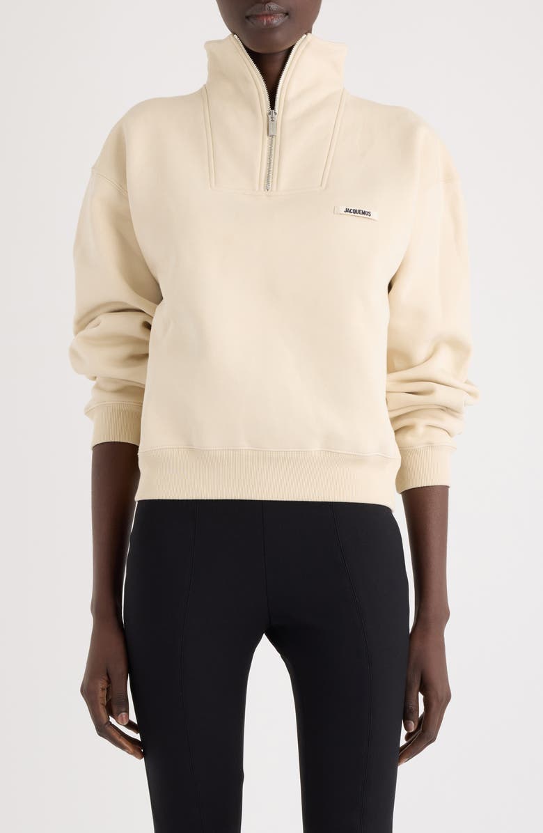 Jacquemus Le Camionneur Gros Grain Cotton Fleece Quarter Zip Pullover, Main, color, Light Beige