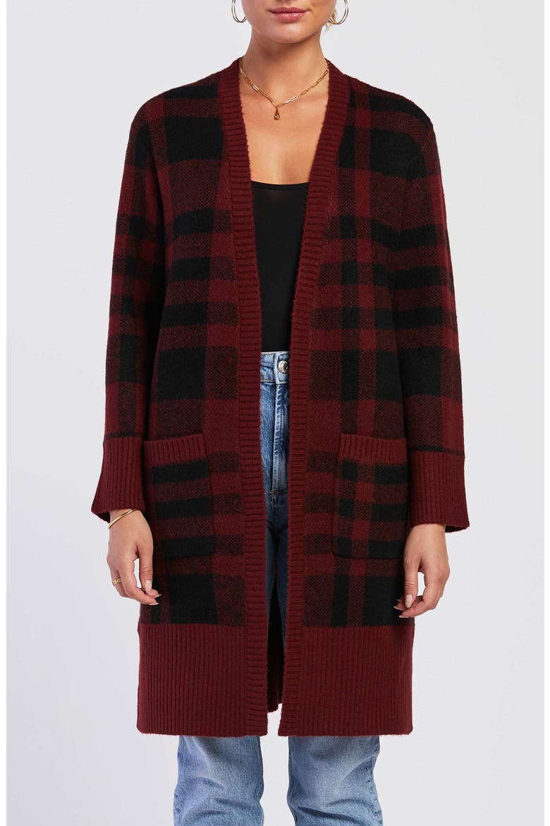 Delaine Plaid Mid Length Cardigan, Main, color, MERLOT BLACK PLAID