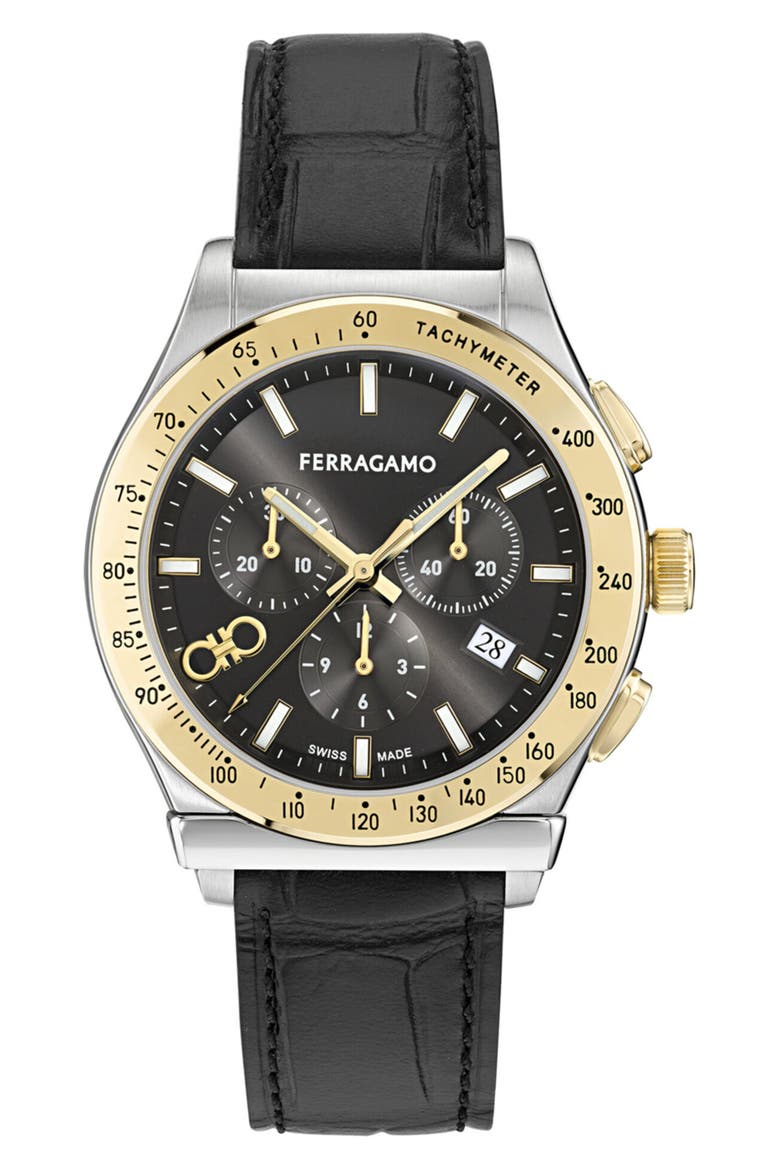 1927 Chronograph Leather Strap Watch, 42mm, Main, color, TWO TONE BLACK