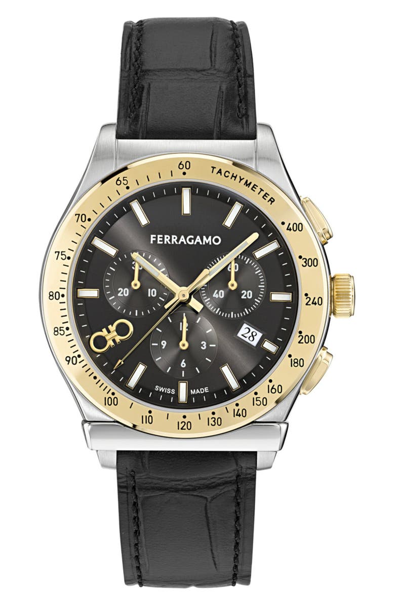 FERRAGAMO 1927 Chronograph Leather Strap Watch, 42mm, Main, color, Two Tone Black