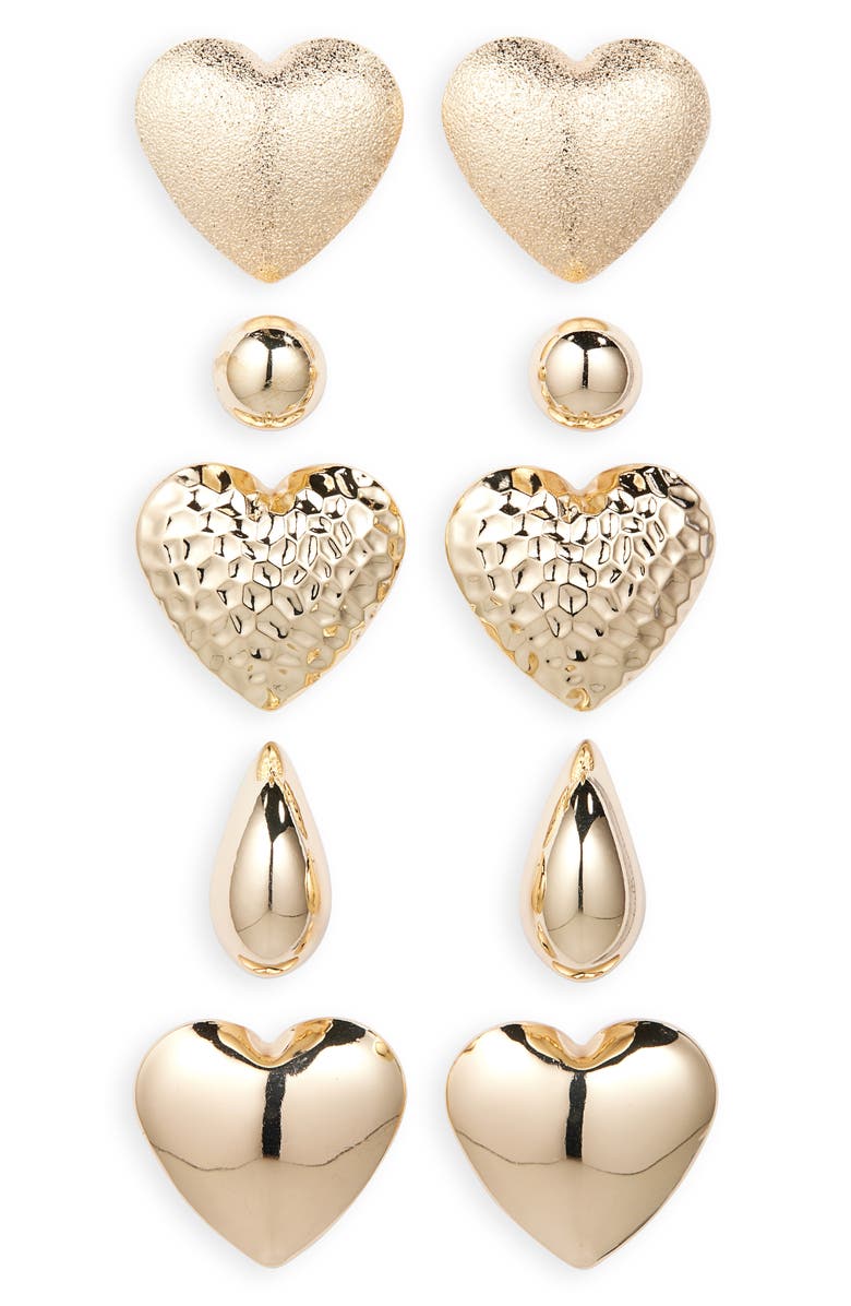 Tasha 5-Pack Heart & Bean Stud Earrings, Main, color, Gold